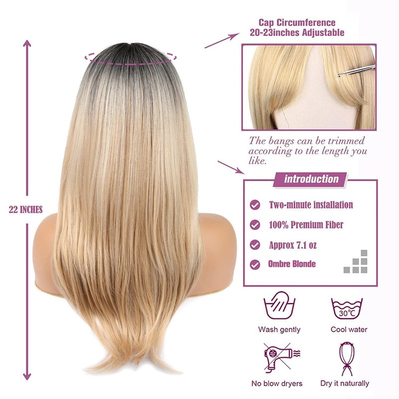 TuTive Blonde Wig With Bangs 22 Inch Layered with Black Roots Shoulder Length Wigs for Women Ombre Color Wig Natural Looking Synthetic Hair Wig for Daily Party Use(Ombre Blonde)