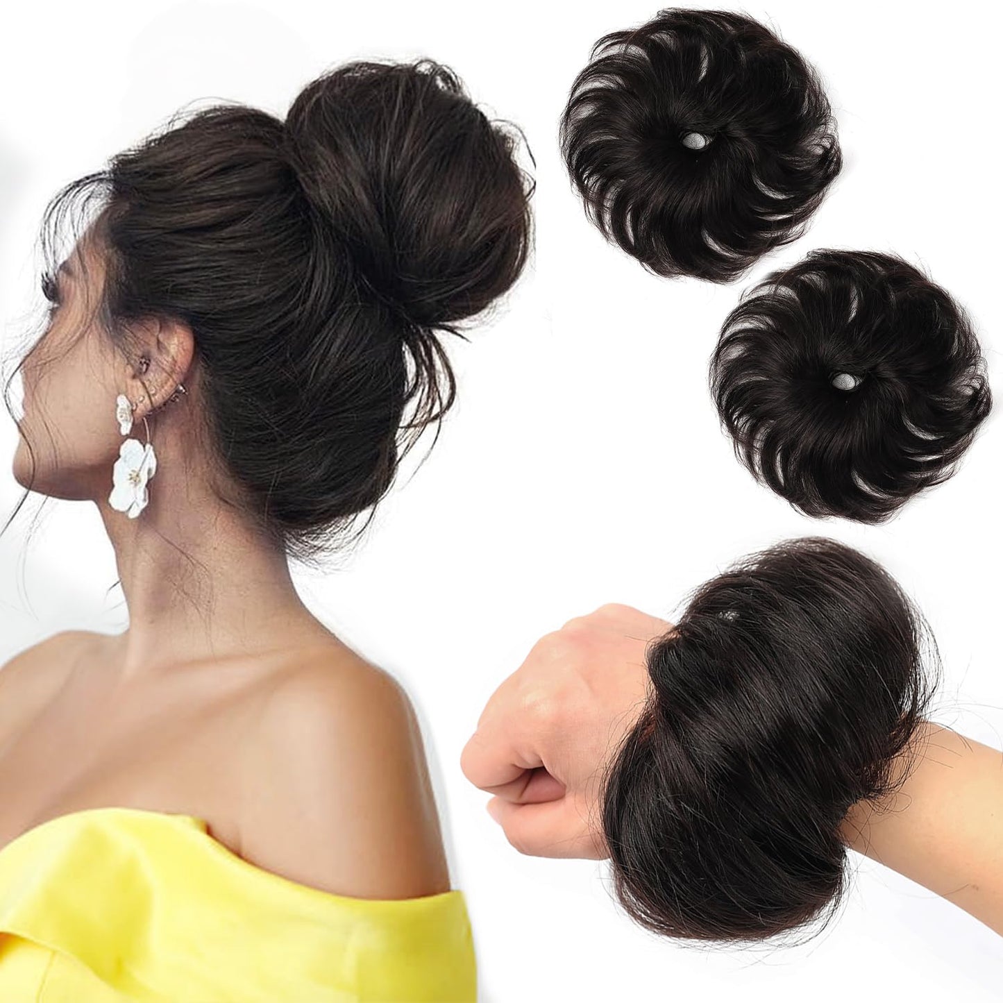 FGZJMAE Human Hair Bun #1B Natural Black Wavy Tousled Stretchy Fluffy Donut Updo Human Hair Bun Extension Chignons Scrunchies Ponytail Extensions(2 Count #1B Natural Black
