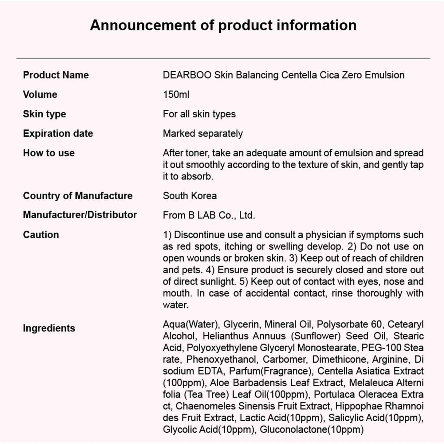 DEARBOO SKIN Balancing Centella Cica Zero Facial Emulsion 5.07 fl.oz(150ml) | AHA BHA PHA and Teatree | Soothing, Calming, Moisturizing for Sensitive Skin | Daily Korean Skincare