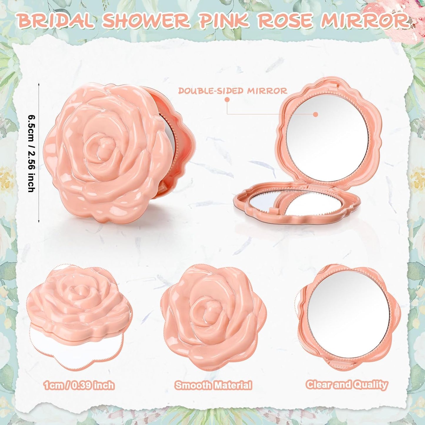 Bridal Shower Party Favors - 30 Sets Rose Compact Mirrors with Thank You Cards & Organza Bags | Pink Champagne