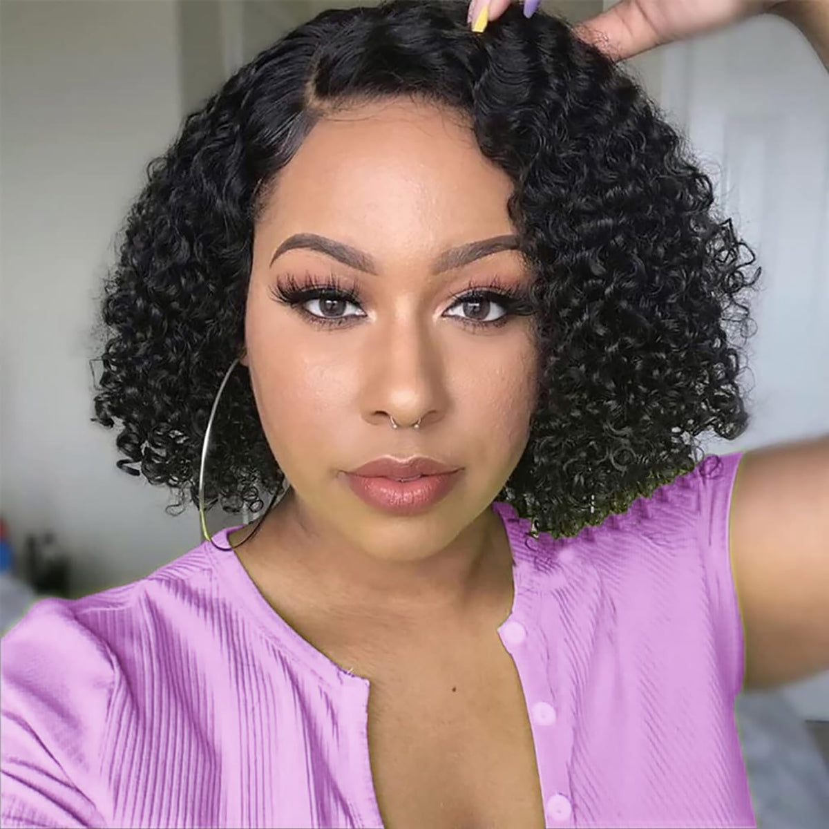 Maytune Wear and Go Glueless Wigs Human Hair Pre Plucked Pre Cut Deep Wave Bob Wigs for Black Women 4x4 Glueless Lace Closure Human Hair Curly Bob Wigs 10 Inch