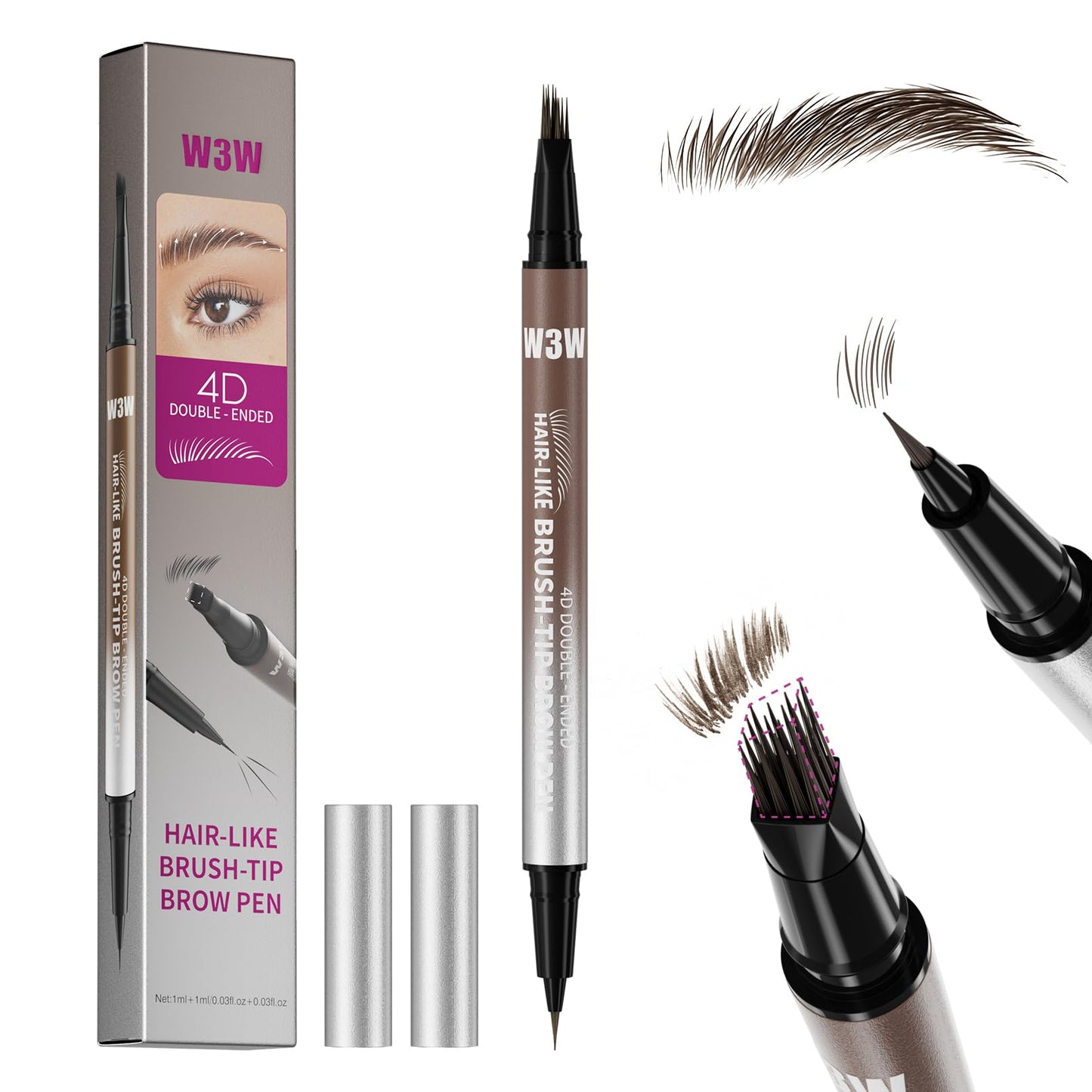 Eyebrow Pencils for Women, W3W 4D Dual-Ended Brow Pen, Angled Square Tip + Ultra-Fine Brush Tip, Waterproof Smudge-Proof, Natural Hair-Like Strokes, Brown (Medium Brown)