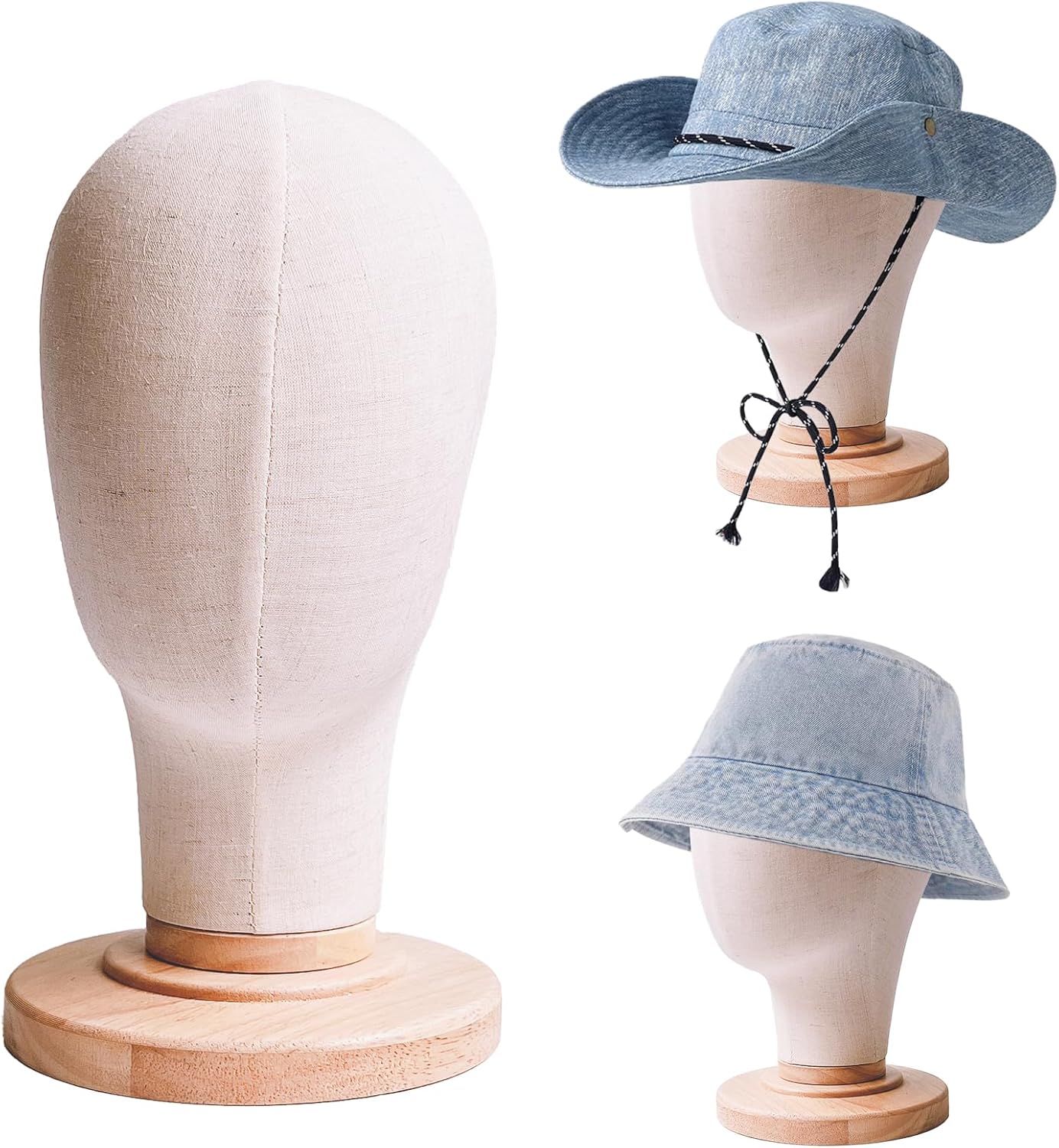 CHADWICK 21-Inch Wig Head Stand - Linen Mannequin Display for Wigs, Hats & Headdresses | Detachable Wooden Base