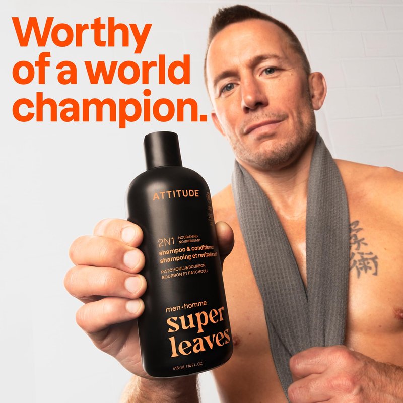 ATTITUDE Men's Shampoo and Conditioner 2-in-1, Nourishing For Dry Hair and Scalp, With Panthenol and Ginseng, 97% Natural Origin Ingredients, EWG Verified, Patchouli & Bourbon, 14 Fl Oz (Pack of 3)