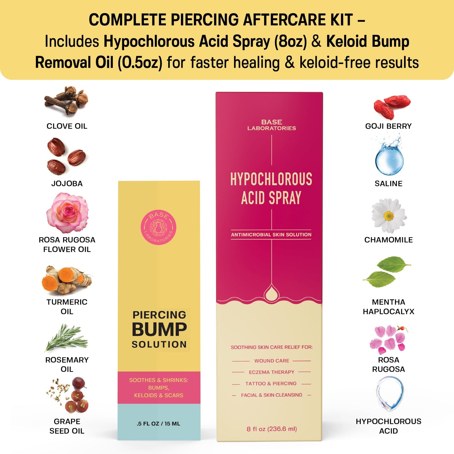 Base Labs Piercing Bump Aftercare Kit - Piercing Bump Solution - Keloid Bump Removal Oil (.5 oz) Plus Hypochlorous Acid Spray for Piercing Aftercare (8oz) - Piercing Bump & Keloid Treatment Duo