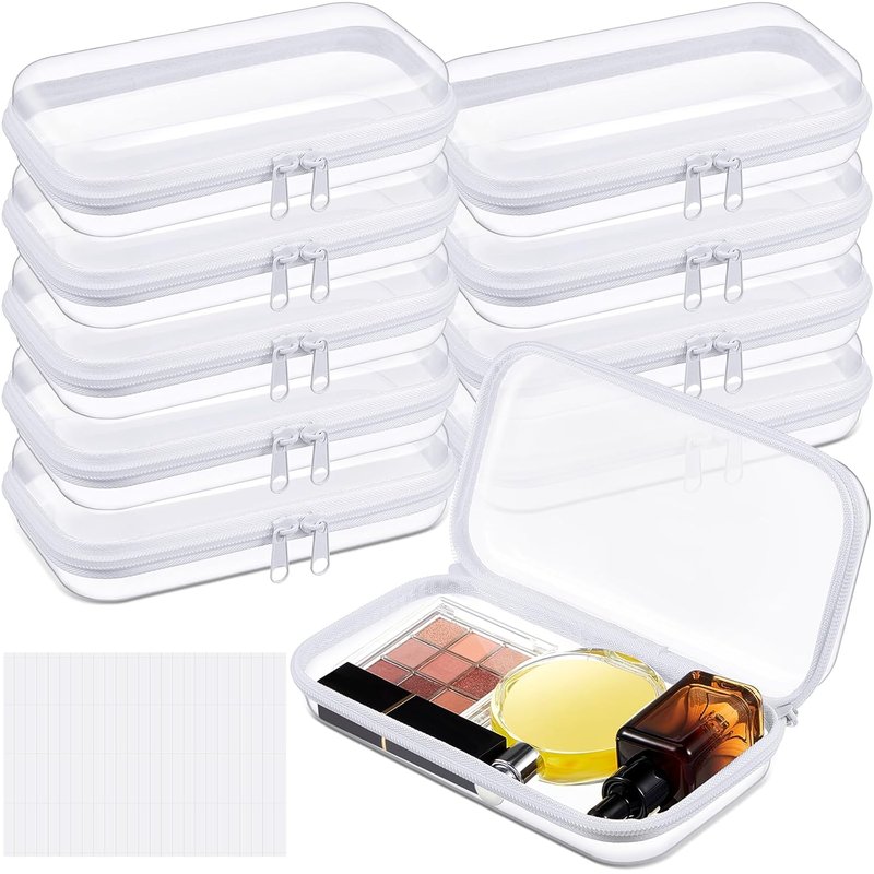 Clear Hard Zipper Pencil Case - 10 Pcs Portable Plastic Storage Bins for Travel & Office | Small, Clear