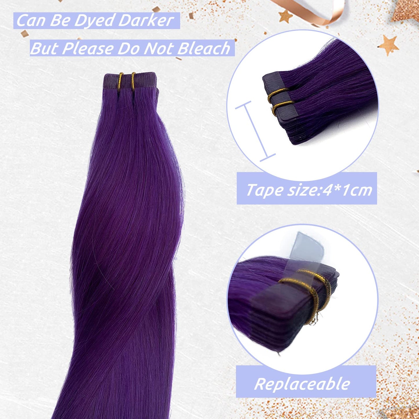 Purple Hair Extensions Tape in Human Hair Extensions 18Inch Soft Silky Straight Purple Remy Hair Extensions 40grams 20pcs Seamless Colored Extensions Tape ins