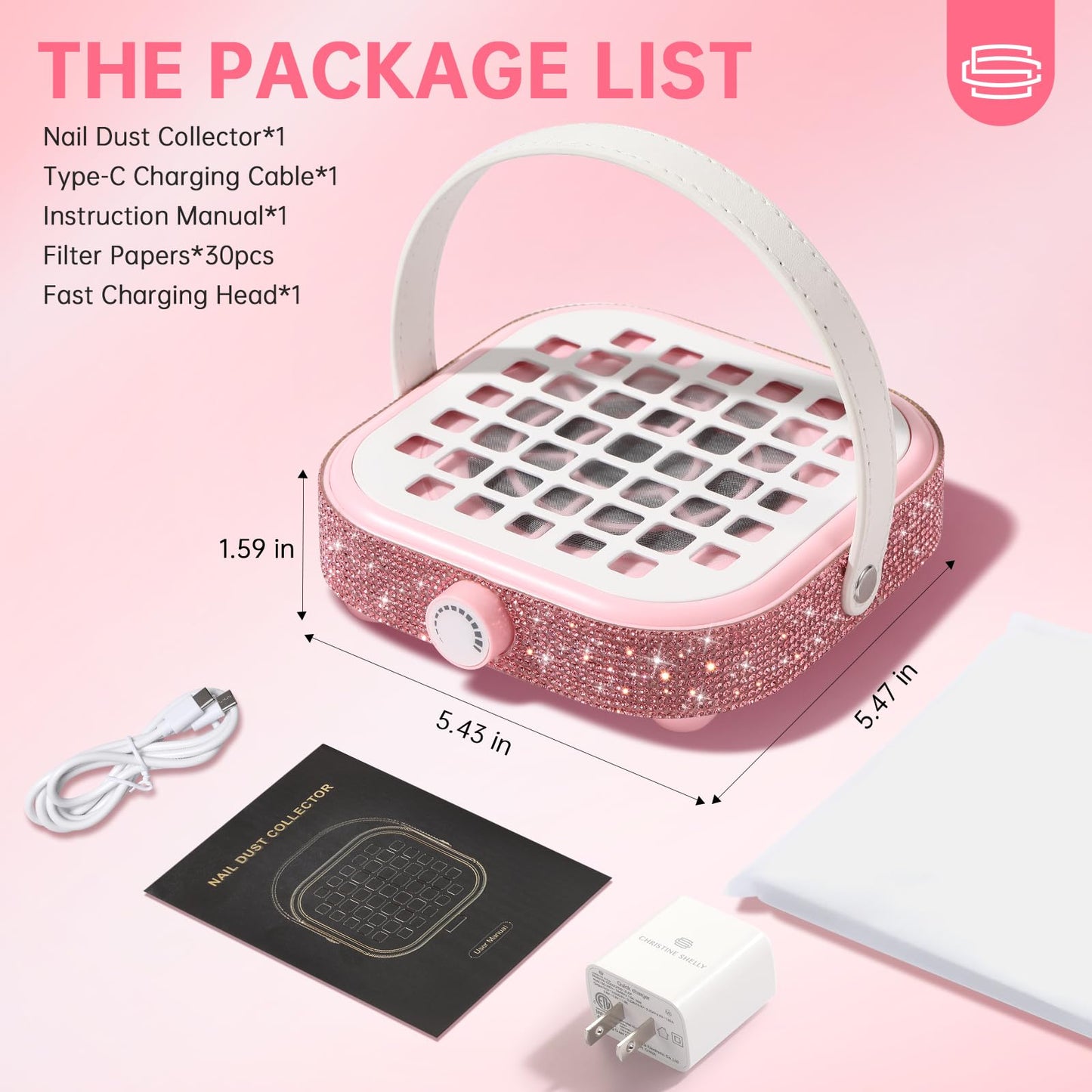 CHRISTINE SHELLY Nail Dust Collector, Bling Crystal Diamond Compact 6000RPM Powerful Vacuum Fan Vent Dust Collector Extractor Dust Suction Machine for Acrylic Nails Polishing, Fast Charging