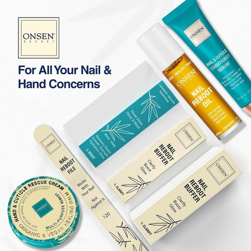 Onsen Secret Advance Rescue Nail Kit - Strengthening Nail Oil & Serum with Hand & Cuticle Rescue Cream - Tsubaki, Shea Butter, Jojoba - Hydrates, Repairs, and Restores