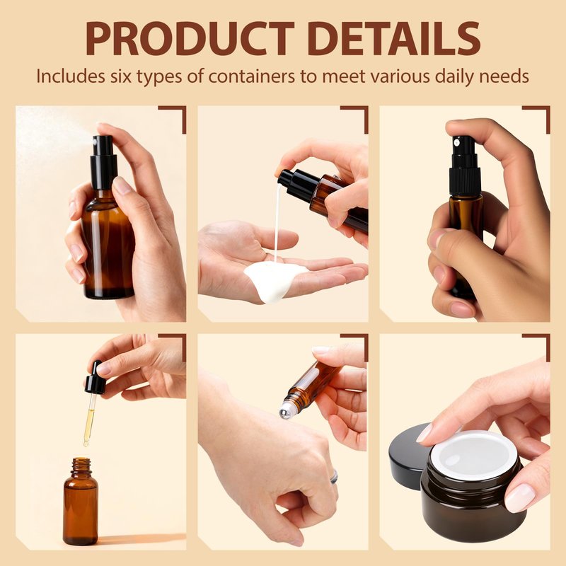 29 Pack TSA Approved Glass Travel Skincare Containers,Toiletry Bag，1.7/1/0.7/0.5/0.3oz Refillable Traveling Size Containers with Pump, Jars & Essential Oil Bottle , Leak-Proof for Creams & Liquids
