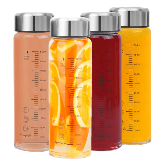 Glass Juice Bottles 4 Pack 20 oz - Wide Mouth Glass Water Bottles with Lids - for Juicing, Smoothies, Milk, Protein, BPA Free, Reusable, Stainless Steel Lids, Leak Proof, Shaker bottle (20oz/600ml)
