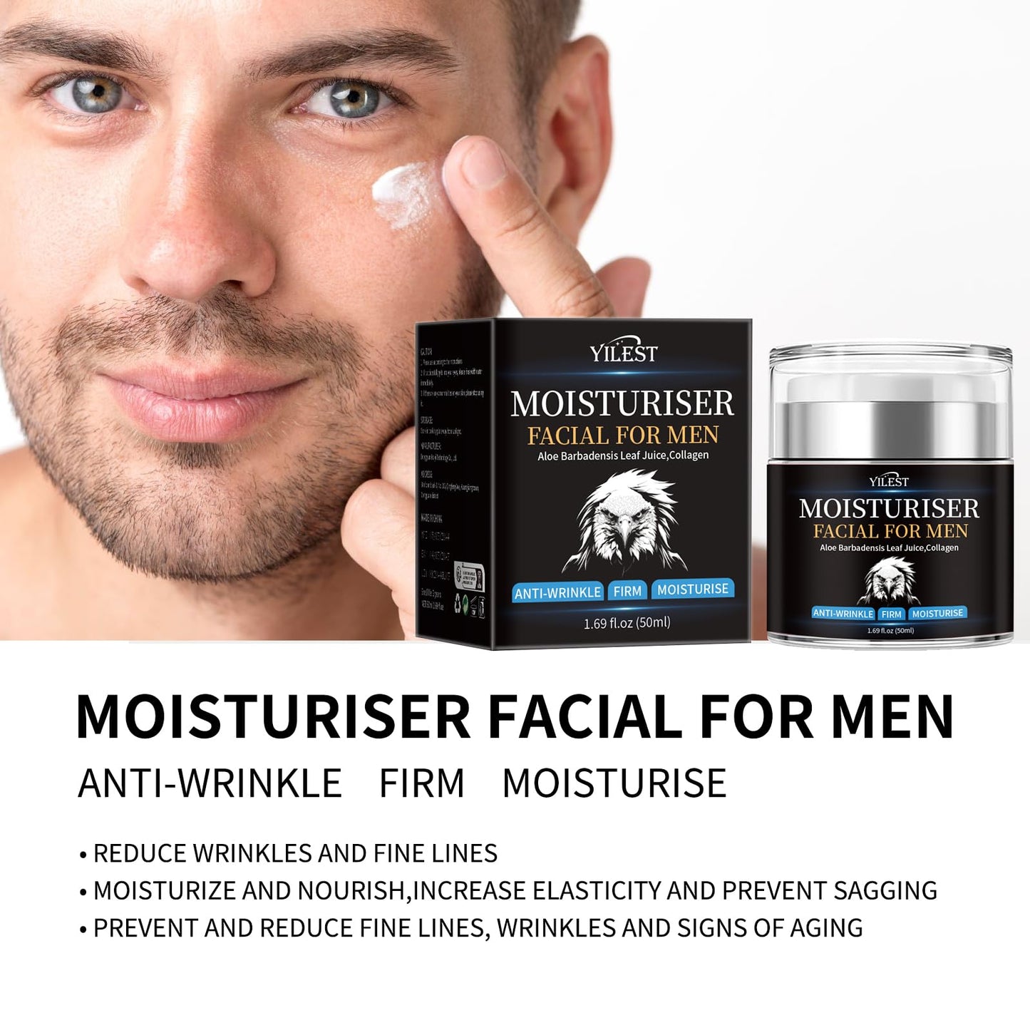 YILEST Men's Anti-Wrinkle Firming Face Moisturizer, Lightweight Daily Hydrating Cream with Aloe & Collagen, Reduces Fine Lines, Nourishes All Skin Types, 1.69 Fl Oz