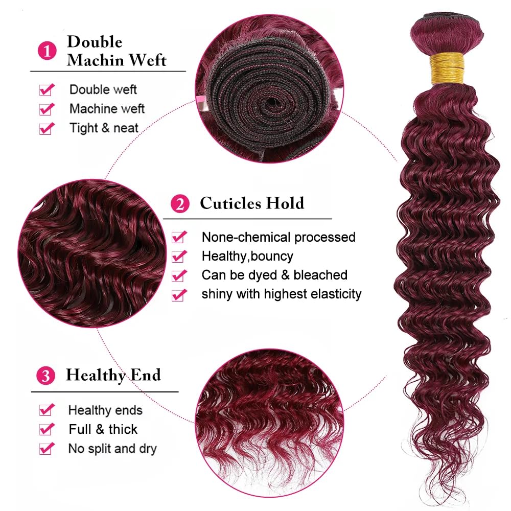 Niciitysi Color 99j Human Hair Wine Red Deep Wave Bundles 10 12 14 inch Double Weft Brazilian Hair Extensions Soft and Silky Burgundy Deep Curly Weave Bundles for Women