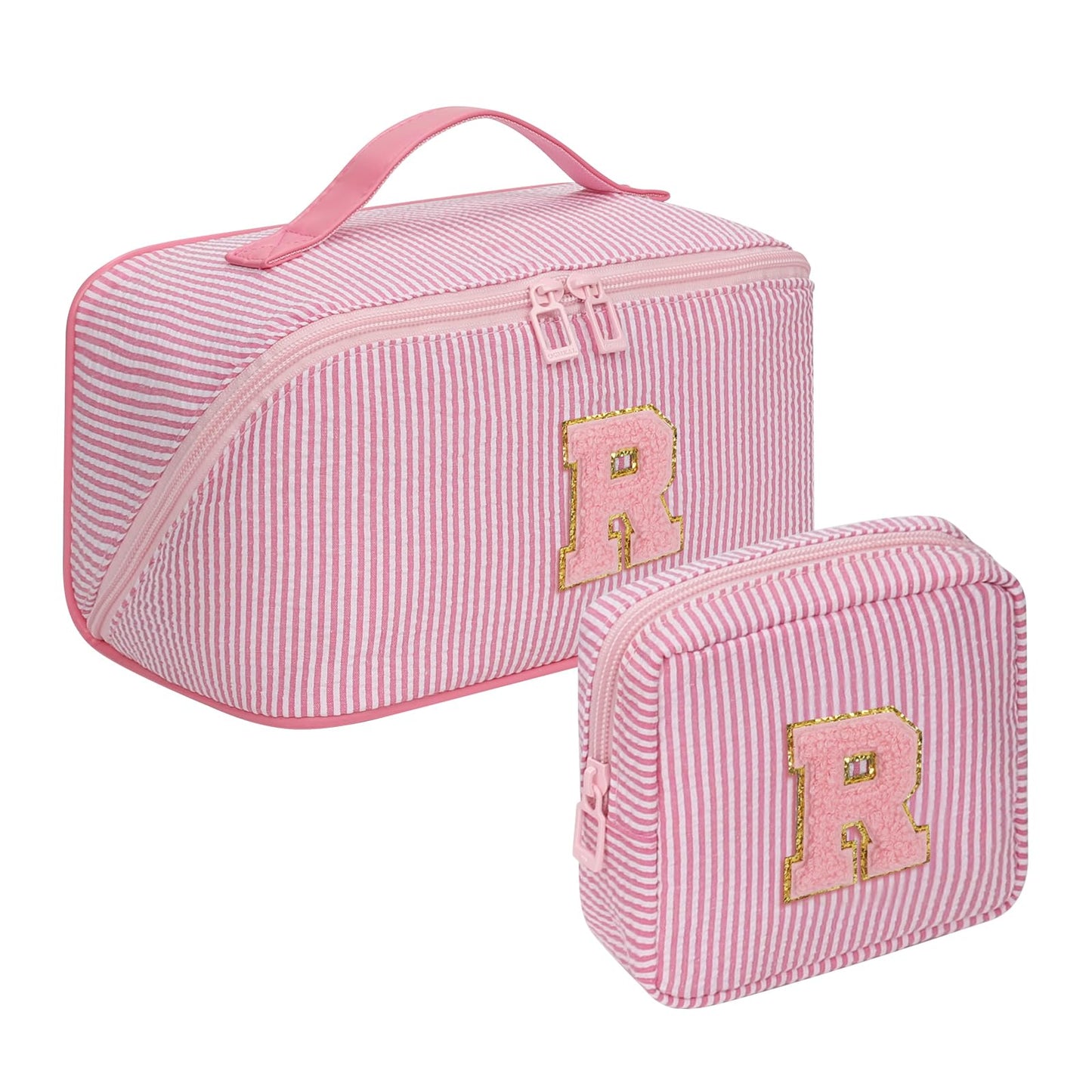 2026 Graduation Gifts - Travel Makeup Bag for Women, 2Pcs Portable Personalized Initial Makeup Organizer Bag, Open Flat Large Cosmetic Bag With Travel Essential Pouch (Pink Letter R)