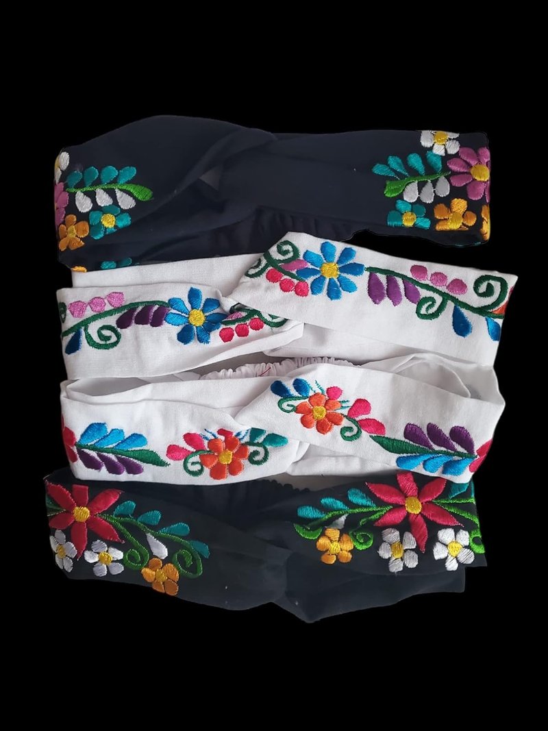 Colorful Mexican Flower Headband - Embroidered Boho Floral Accessory for Women | Black and White