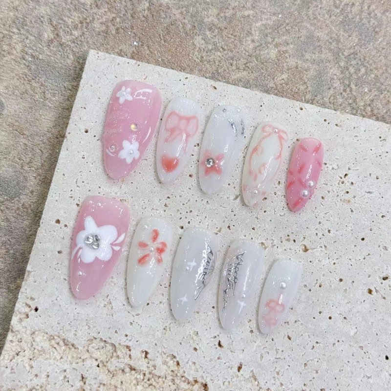 TENPAL Handmade Press on Nails Medium Almond Pink Acrylic Nails with Hand Painted Versatile Floral Bow Tie Designs Full Cover Reusable Fake Nails Press Ons 10pcs/box Glossy Glue on Nails(M)
