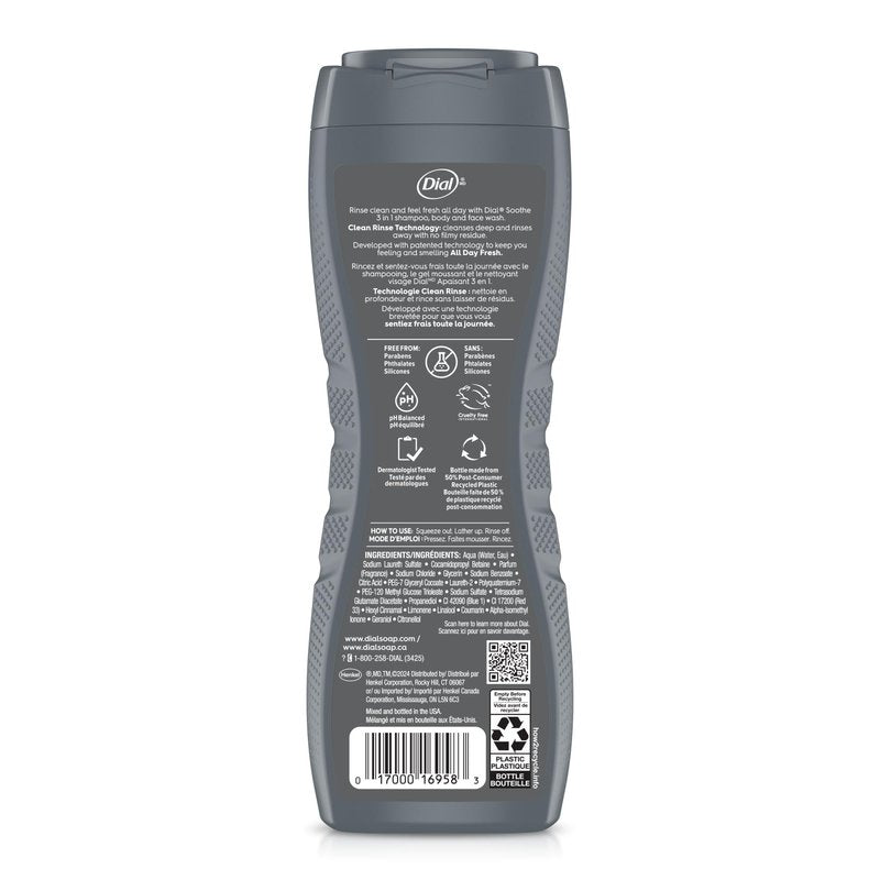 Dial Men 3 in 1 Body, Hair and Face Wash, Soothe, 16 Fl Oz, Pack of 4, Infinite Fresh Scent, Cleanses Deep + Gentle on Skin with Clean Rinse Technology