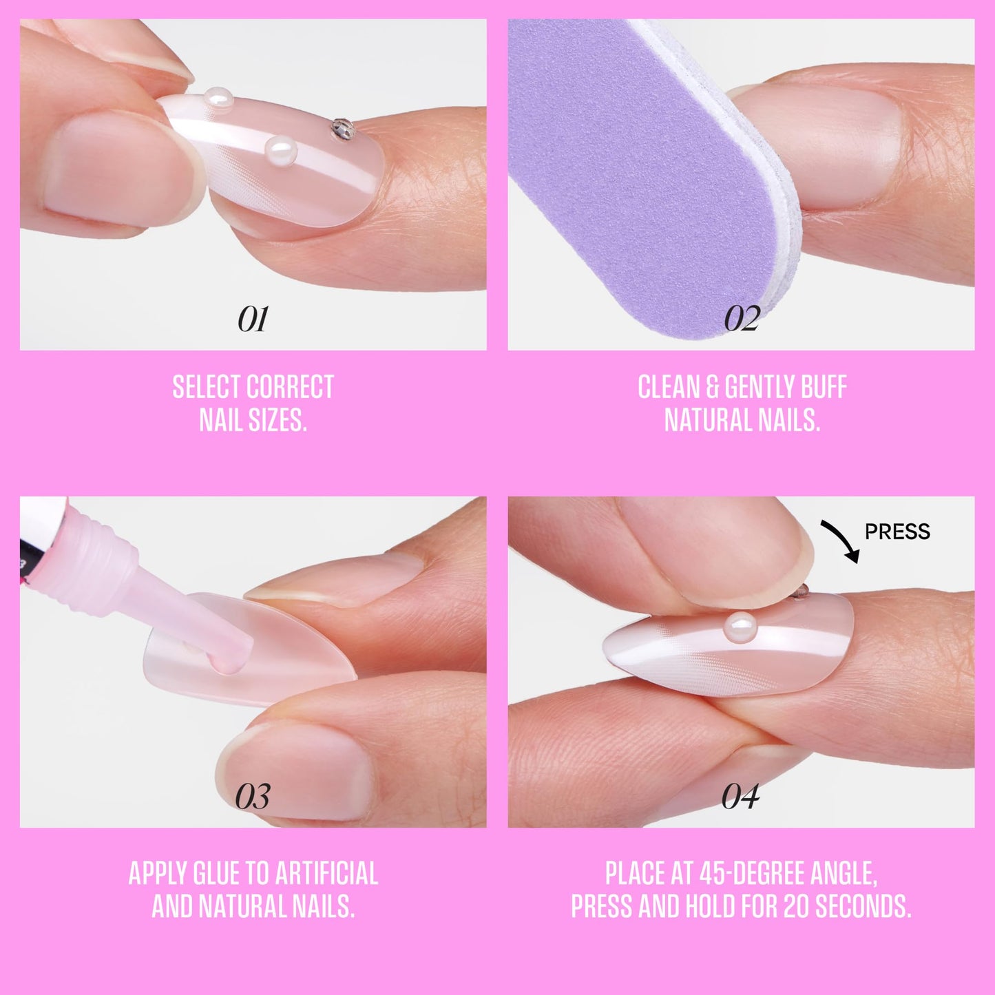 Kiss Glam, Press On Nails, Nail glue included, 'Zephyr', White, Medium Size, Almond Shape, Includes 32 Nails, 2g Glue, 1 Manicure Stick, 1 Mini File