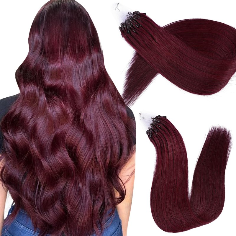 MioYio Microlink Hair Extensions Human Hair 99j Red 30g/38s/Pack 18inch Microbead Micro Loop Hair Extensions Real Human Soft and Glossy Longer Life
