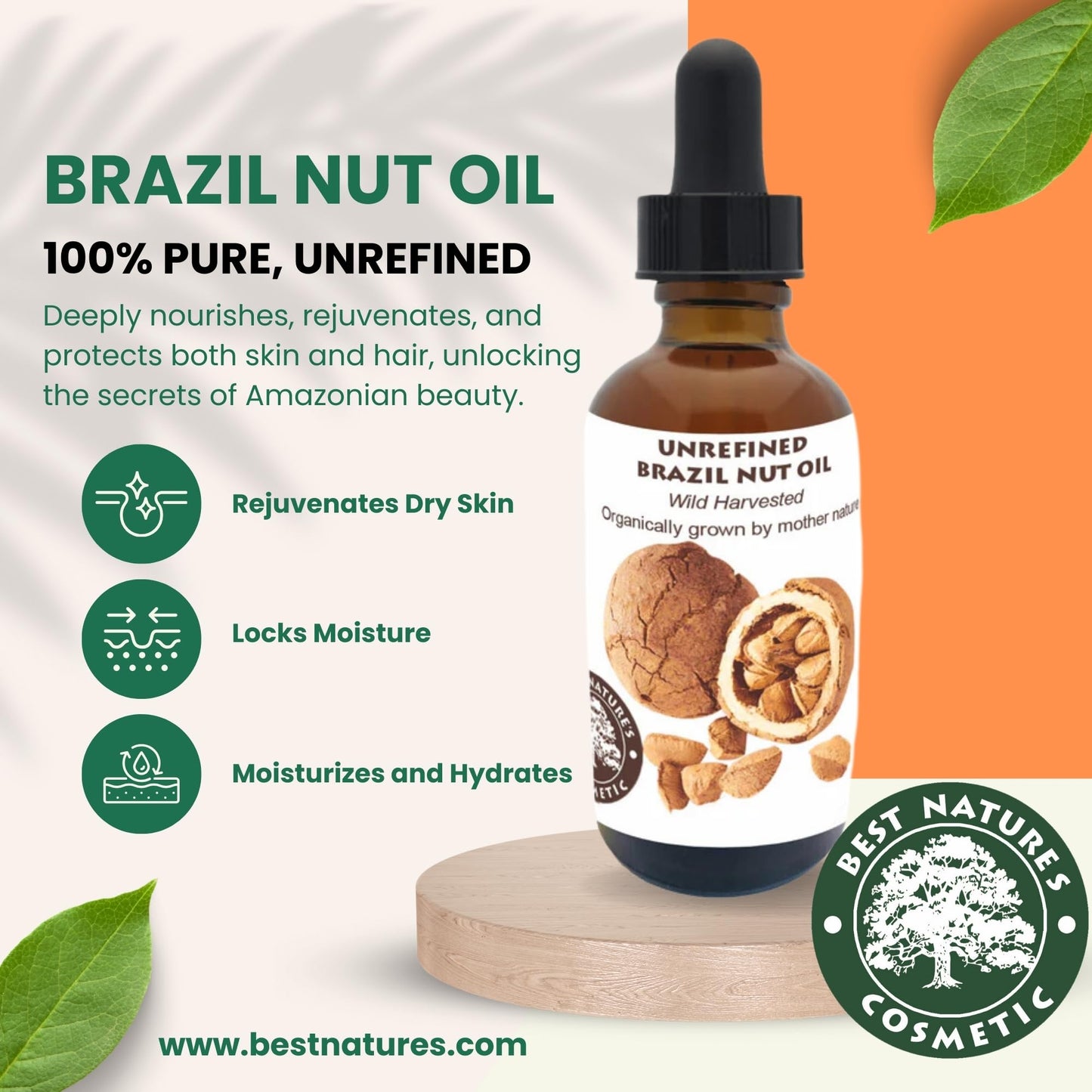 Best Nature's Cosmetics Virgin Organic Brazil Nut Oil, Hydrating Moisturizer for Skin & Hair, Cold-Pressed, Anti-Aging, Restores Radiance, Non-Greasy for Face & Body, Controls Frizz 4 Fl Oz - 120 ml