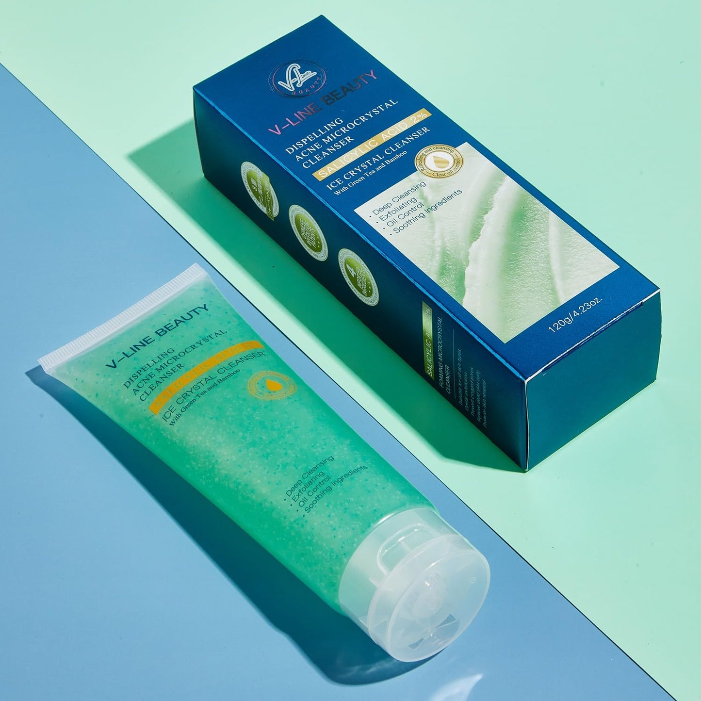 V-Line Beauty Microcrystal Gentle Cleansing Facial Gel Scrub for Oily Skin, 2% BHA + Glycerin + Green Tea + Bamboo, Soothing, Hydrating and Help Clear, Suitable for Sensitive Skin