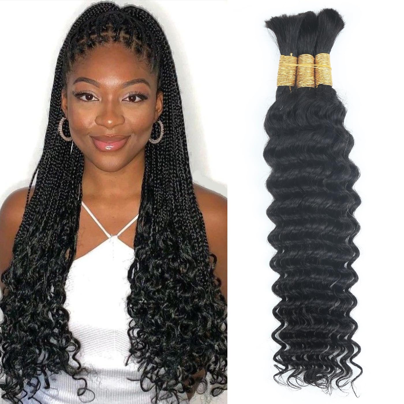 Human Braiding Hair - 20 Inch Curly Boho Braids | 110g Deep Wave Bulk Hair, Natural Black - 3 Bundles