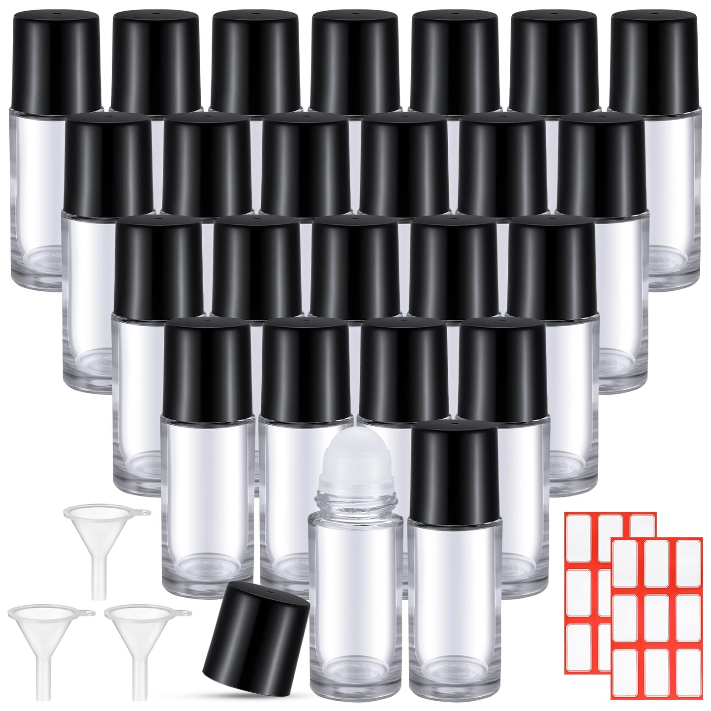 Sumind 24 Pcs Glass Roller Bottles for Essential Oil 50ml Empty Deodorant Bottle Roller Ball Container Refillable Rollerball Bottle with Plastic Balls, Funnel and Sticker (Clear)