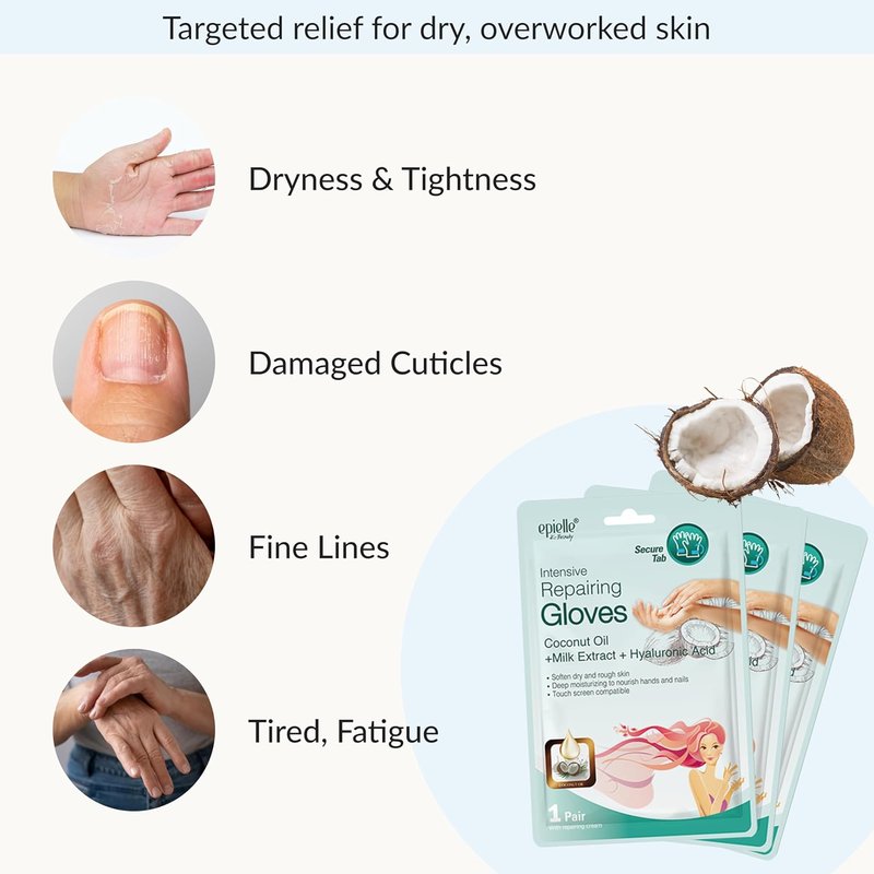 Intensive Repairing Hand Mask - Deep Moisturizing Gloves with Coconut Oil & Milk Extract | 6 Pairs for Soft, Smooth Skin