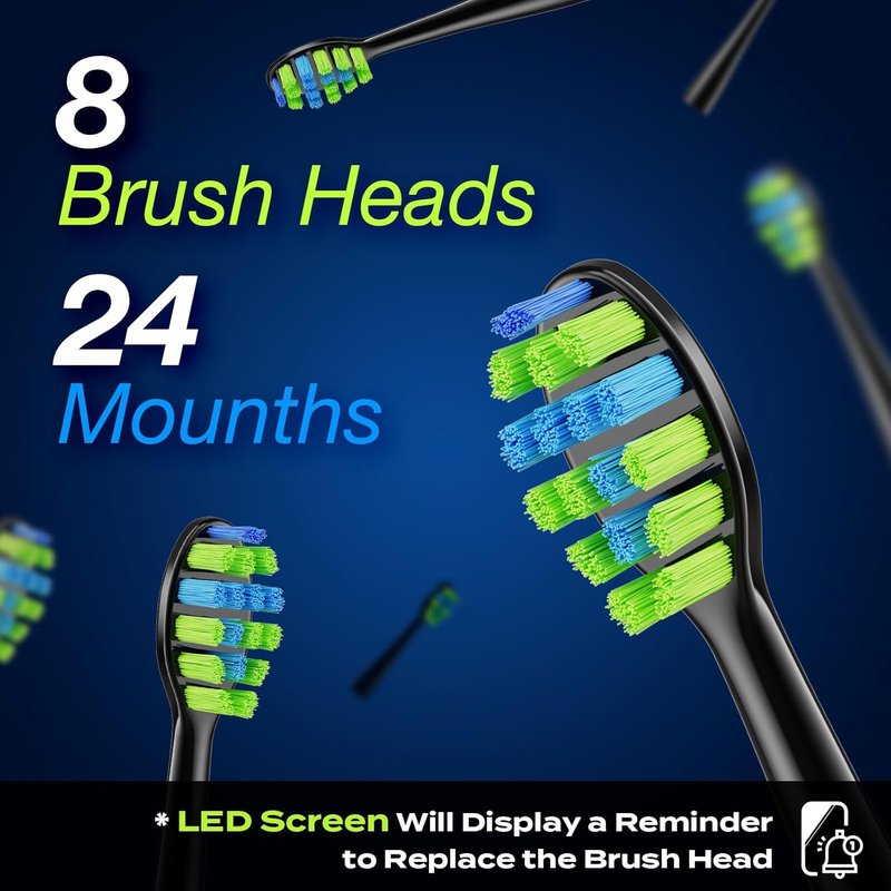 Electric Toothbrush for Adults & Teens - LED Screen, 3 Intensity Levels & 5 Modes | 90-Day Battery Life, Fast Charge, 8 Brush Heads (Black)