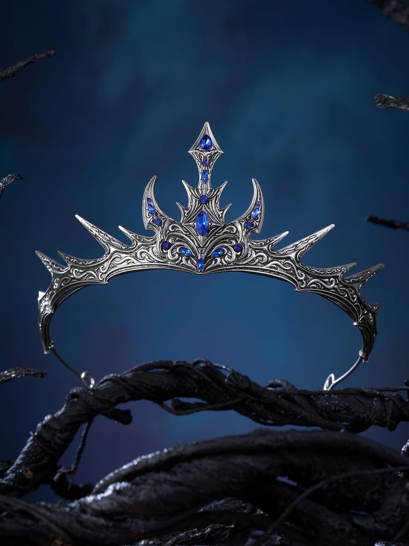 SWEETV Gothic Crowns for Women Tiara Queen Crown Witch Hair Accessories for Costume Halloween Prom Party (Silver+Blue)