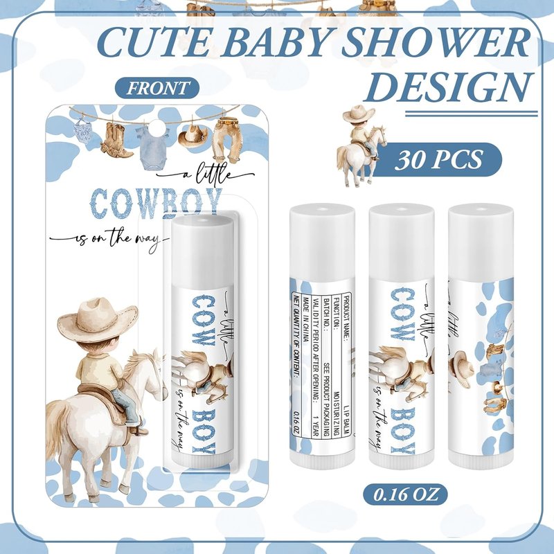 Baby Shower Games Prizes - 30 Pack Cowboy Lip Balms for Guests | Fun Gender Reveal Favors