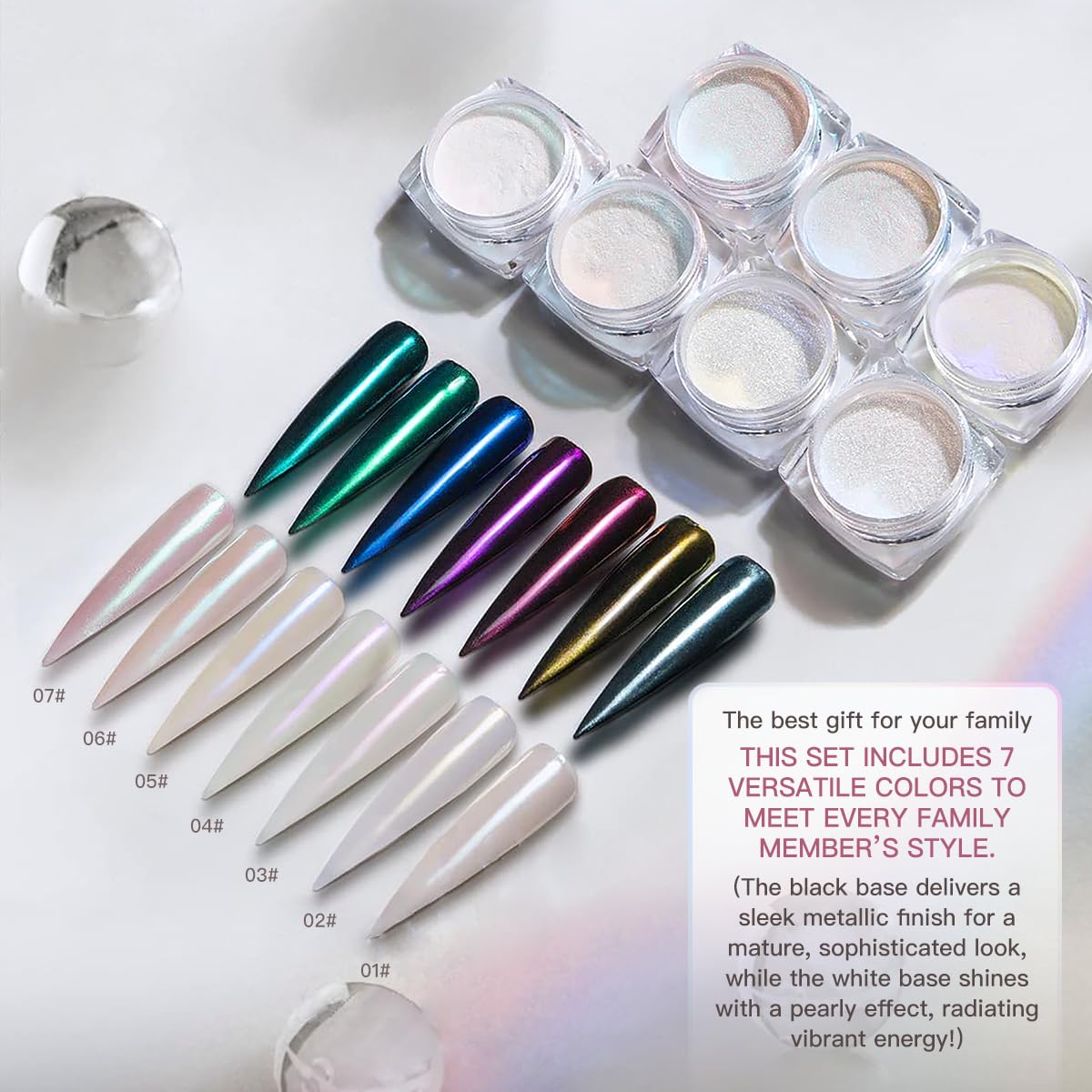 Pretty Diva 7 Colors Pearl Chrome Powder Set, Magic White Pearl Chrome Powder for Nails Aurora Iridescent Pearl Nail Chrome Powders Metallic Manicure Pigment