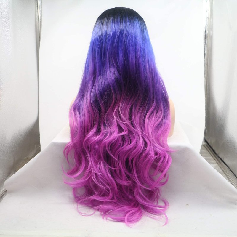 RainaHair Colour Blue Ombre Dark Purple Rose Red Synthetic Lace Front Wigs for Women 4 Tone Color Heat Resistant Party Cosplay Drag Queen Wigs (24 Inch, colour/lace front wig)