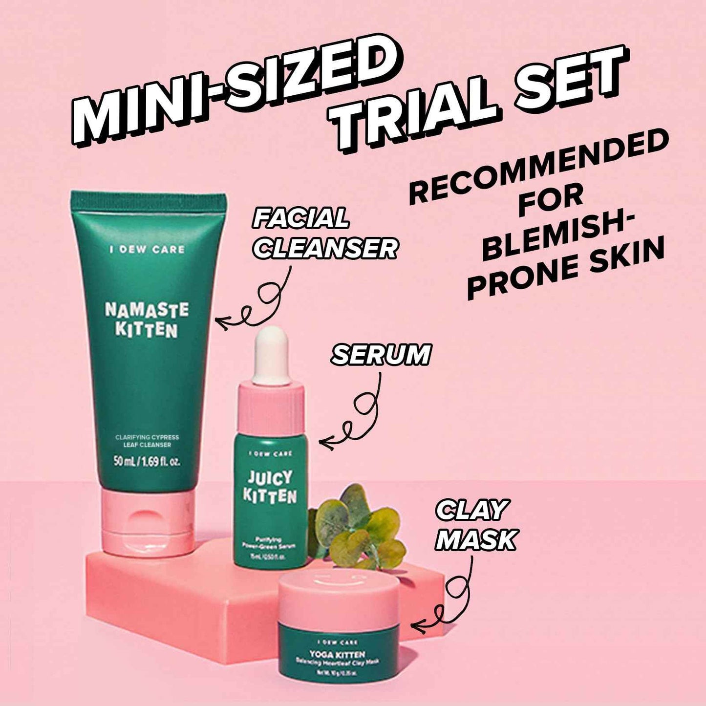 I DEW CARE Blemish Heartleaf Skincare Set - Kitten My Balance On | Foam Cleanser & Wash-off Mask & Serum, Clear & Soothe Irritation, Absorb Excess Oil, Gentle Face Wash, Travel Size, Stocking Stuffers