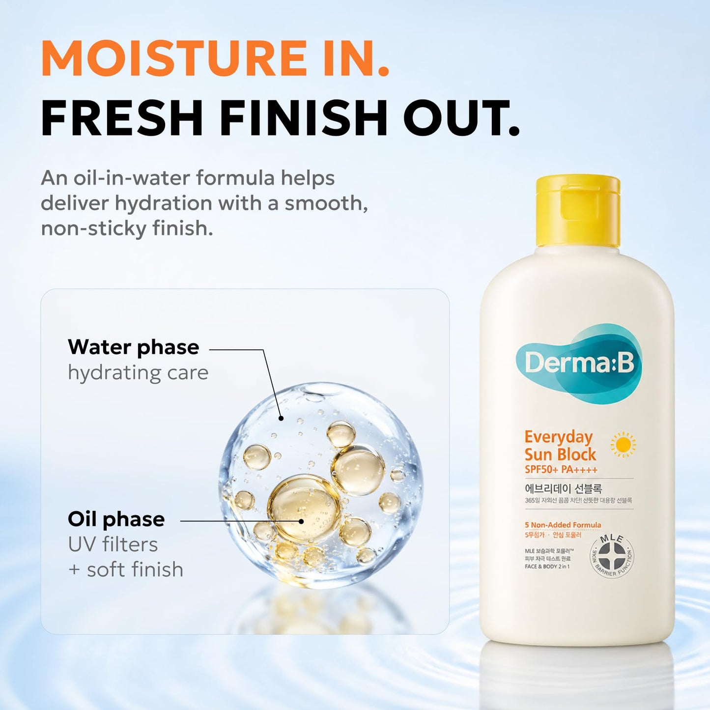 Derma B Everyday Sun Block Large Size Sunscreen SPF50+ PA++++ 6.71 Fl Oz, 200ml Fast-Absorbing Lightweight SPF Moisturizer, Facial Body Non-Sticky for Dewy Skin, Korean Protection Lotion