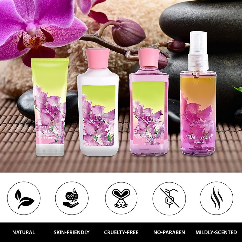Vital Luxury Sweet Pea Bath & Body Kit, 3 Fl Oz, Ideal Skincare Gift Home Spa Set, Includes Body Lotion, Shower Gel, Body Cream, and Fragrance Mist, Birthday Mother's Valentine's Day Gifts for Her