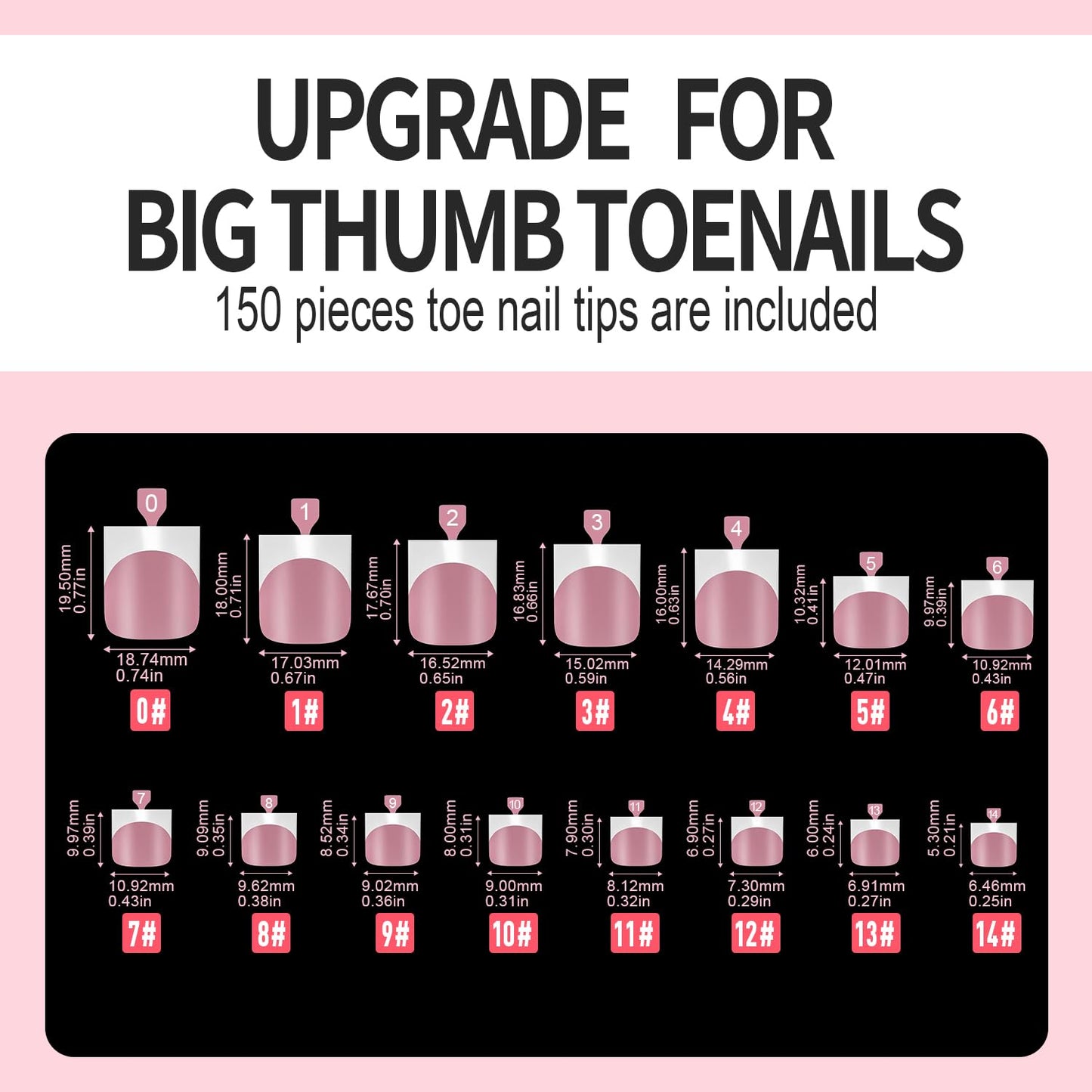 Vansiho French Tip Press-On Toenail Set - 150 Pcs Soft Gel Acrylic Nail Tips | Pink & White, 15 Sizes