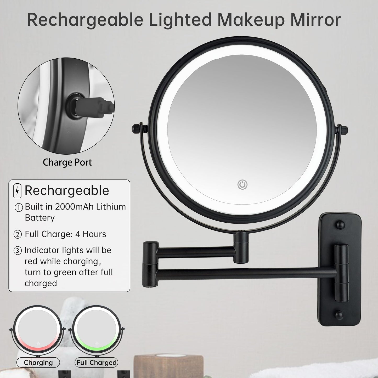 JANEEVA 8" Wall Mounted Lighted Makeup Mirror,Rechargeable Double Sided 1X/10X Magnifying Mirror with 3 Color Lights,Touch Dimmable Bathroom Vanity Mirror with 360°Swivel Extendable Arm Matte Black