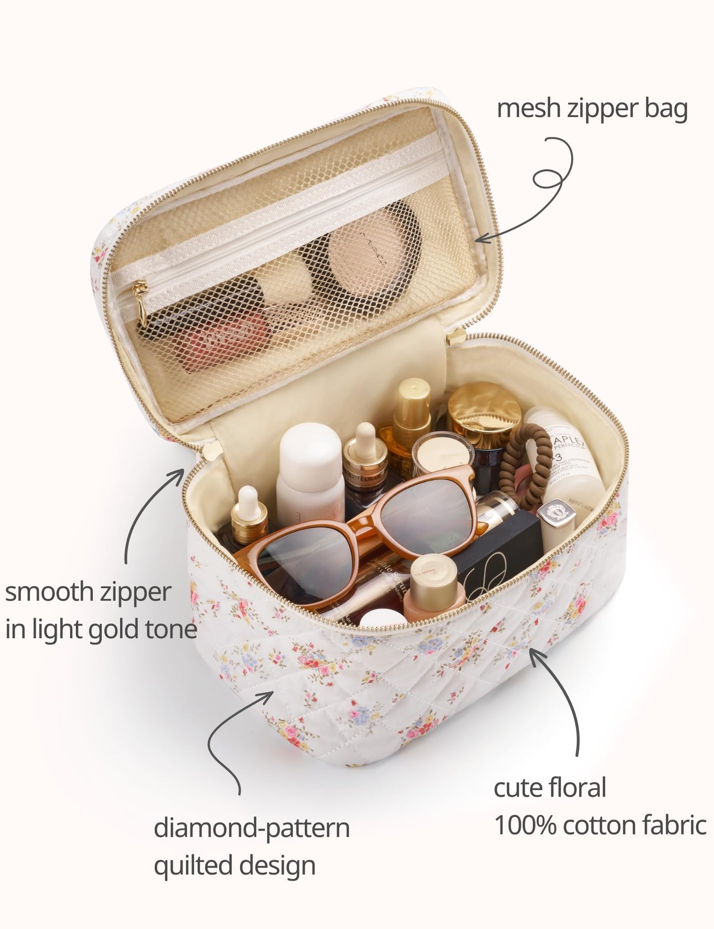 Popvibe Floral Quilted Makeup Bag Set of 3 Piece, Cute Travel Makeup Bags Coquette White Flower Cosmetic Pouch, Aesthetic Cotton Quilt Cloth Toiletry Traveling Bag for Women, Girls