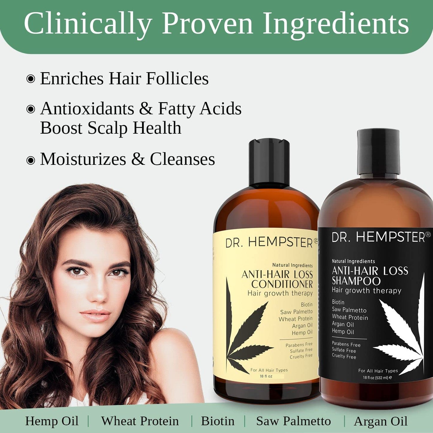 Hair Growth Shampoo and Conditioner Set for Thinning Hair and Hair Loss for Men and Women 17 oz - Hemp Oil, Biotin, Natural and Organic Ingredients - Hair Thickening and Volumizing