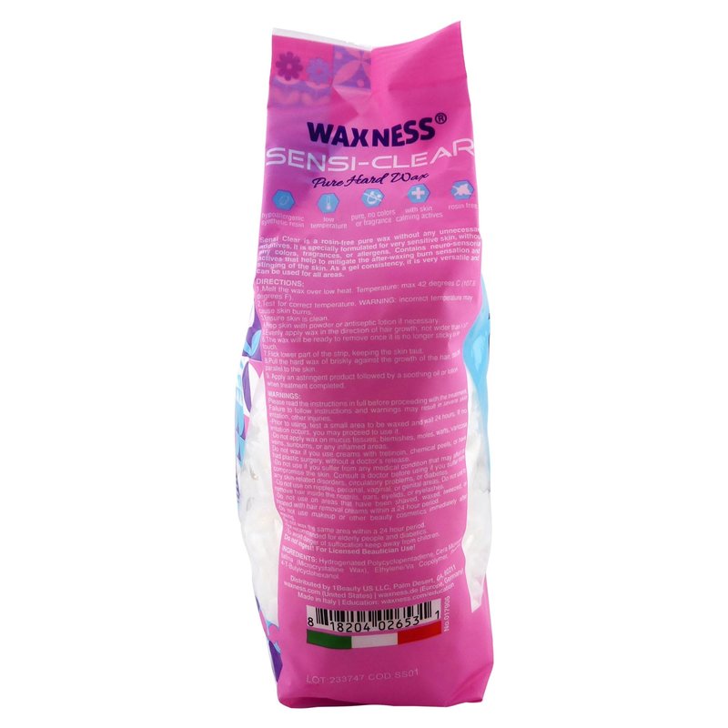 Waxness Sensi Clear Pure Hard Wax Beads 2.2 lb (1kg) – Rosin-Free Stripless Clear Hard Wax with Neuro-Active Comfort Complex for Face & Body – Made in Italy