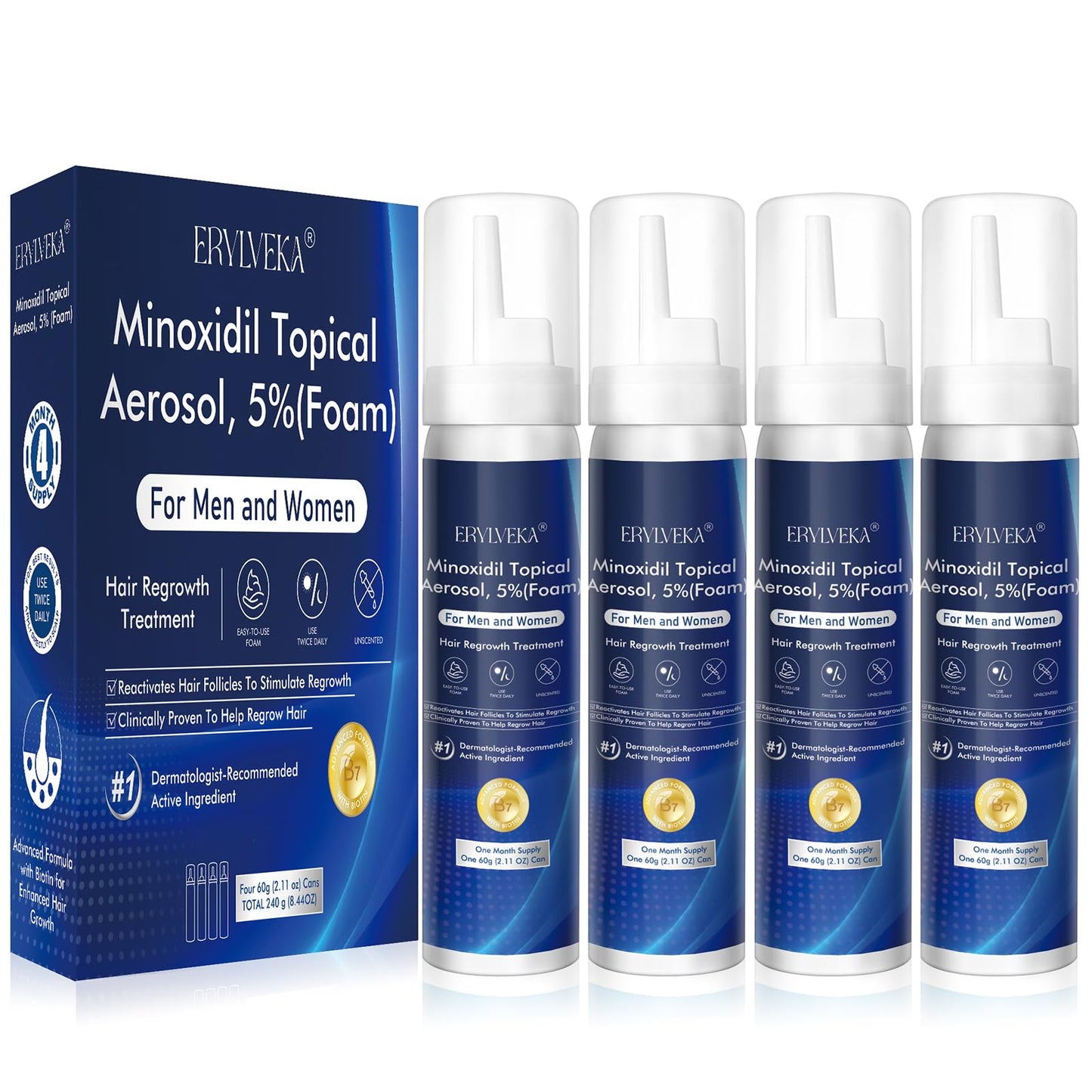 ERYLVEKA 5% Minoxidil Foam for Hair & Beard Growth – Thickening Treatment for Men & Women, 4-Month Supply (8.44oz) with Biotin, Unscented & Non-Greasy Formula