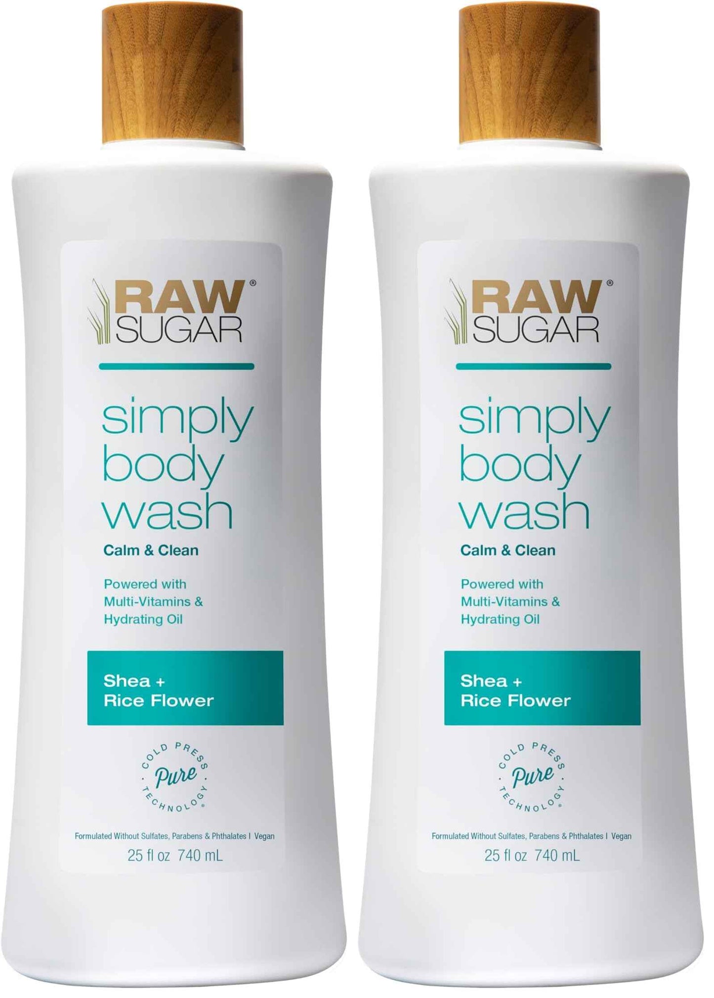 RAW SUGAR Simply Body Wash - Shea + Rice Flower (25 Fl Oz, Pack of 2) Moisturizing & Soothing Bath & Shower Gel, Formulated without Sulfates & Parabens, Vegan