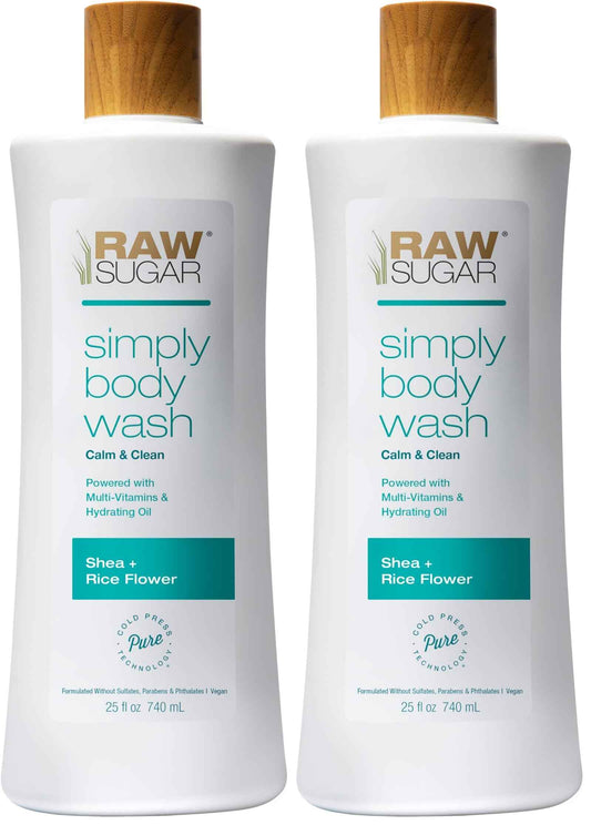 RAW SUGAR Simply Body Wash - Shea + Rice Flower (25 Fl Oz, Pack of 2) Moisturizing & Soothing Bath & Shower Gel, Formulated without Sulfates & Parabens, Vegan