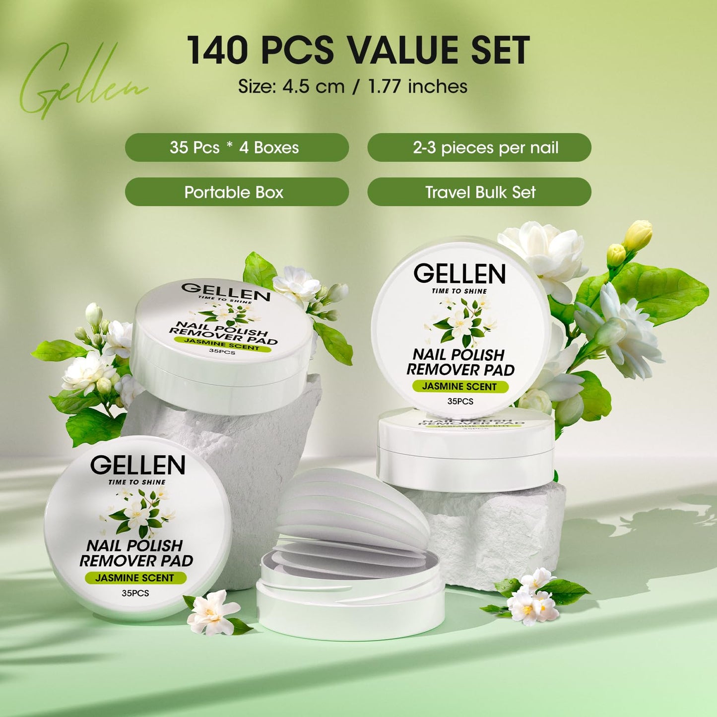 Gellen Nail Polish Remover Pads, Perfect for Travel, Outdoor | Non-Acetone, Jojoba & Vitamin E | 140pcs Jasmine Scent Wipes For Finger Toe Nails, No Leakage, Looks Dry But Works, Not for Gel Polish