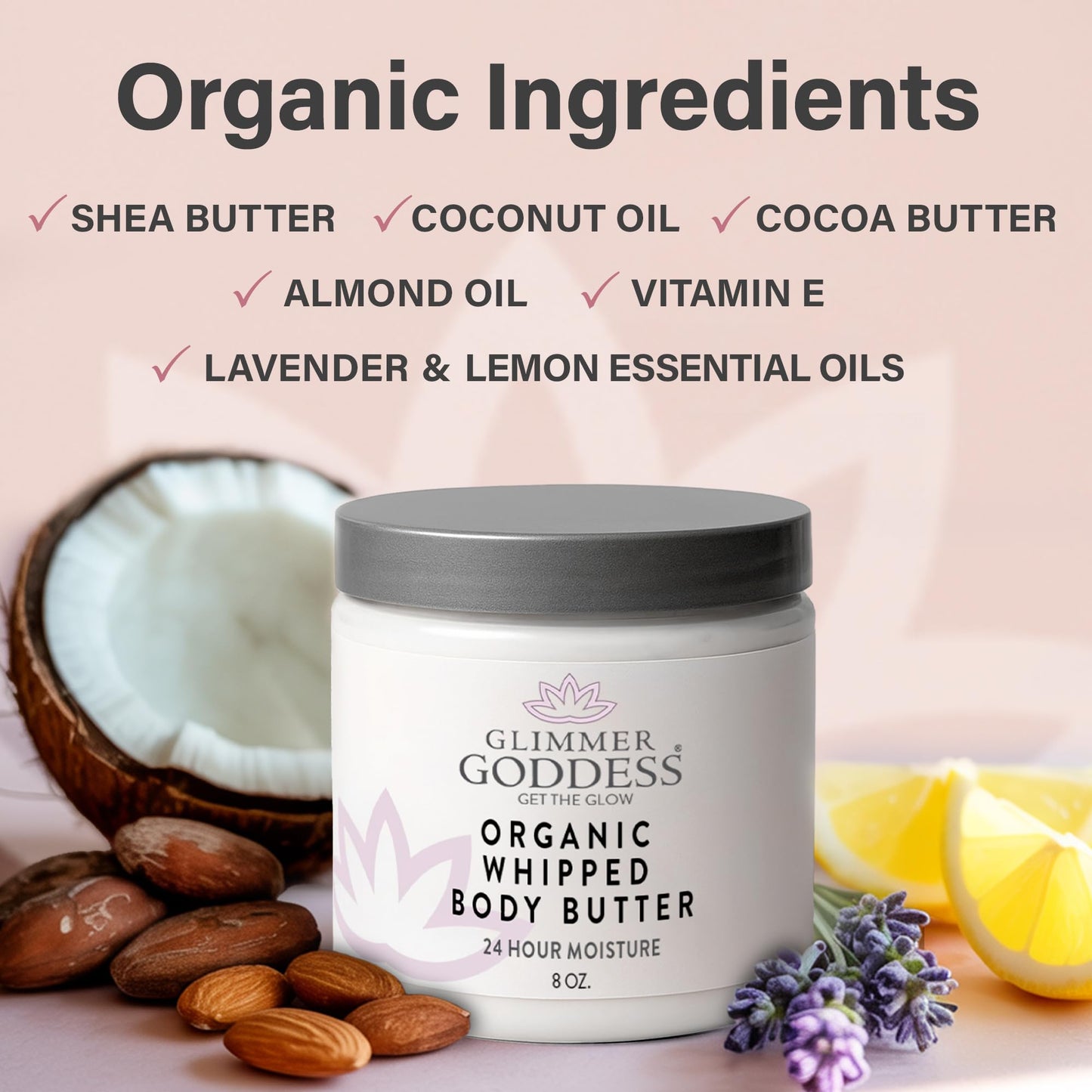 Glimmer Goddess Organic Whipped Body Butter for Women - Moisturizer Cream with Shea & Cocoa Butter, Almonds & Coconut Oil - Unscented, 8oz