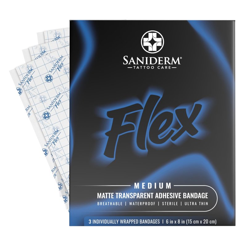 Saniderm - Flex Tattoo Aftercare Bandage - Ultra-Flexible, Waterproof, Sterile Tattoo Wrap for Fast, Clean Healing - (3 Sheets, 8"x10")