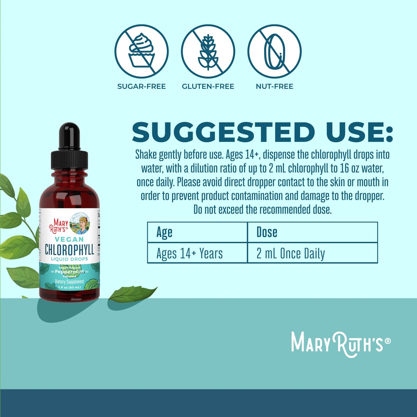 MaryRuth's Chlorophyll Liquid Drops | Clean Label Project Certified® | Vegan | Non-Diluted Liquid Chlorophyll| Mulberry Derived Supplement for Ages 14+ | Non-GMO | Delicious Minty Flavor | 2 Fl Oz