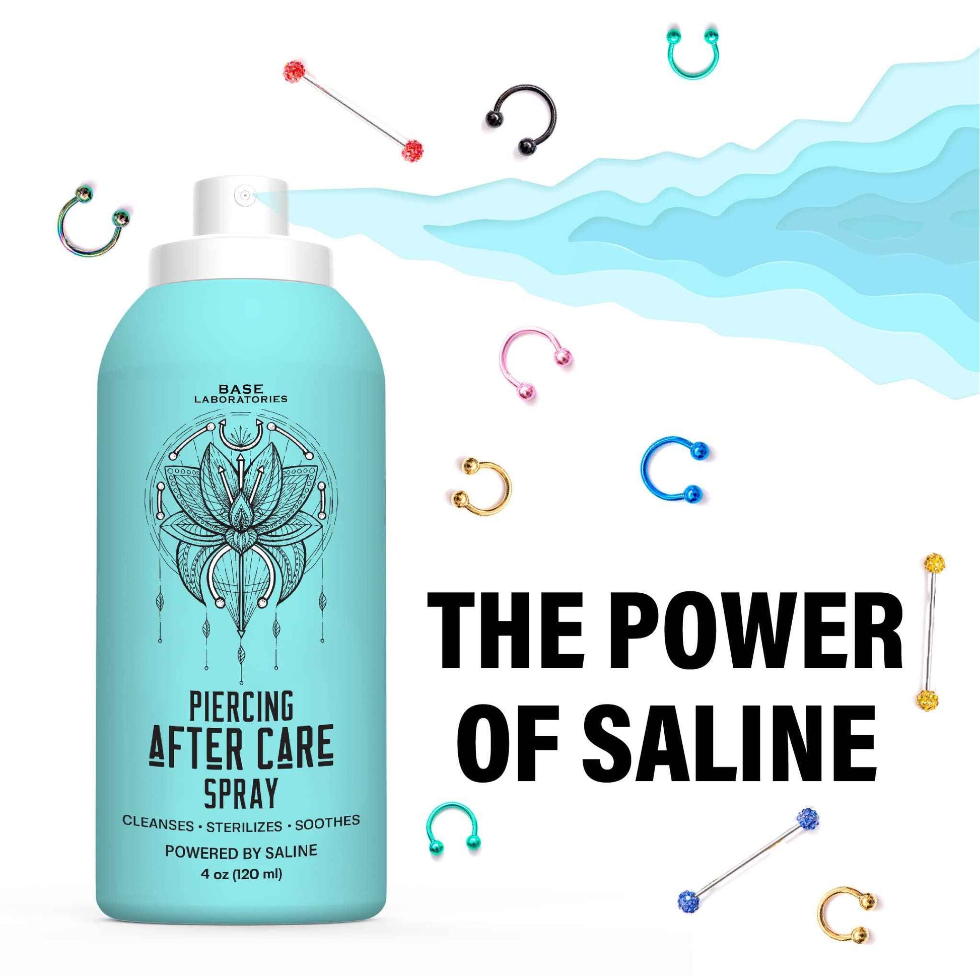 BASE LABORATORIES Piercing Aftercare Spray 4oz | Saline Spray for Piercings | Ear Piercing Cleaner | Saline Solution for Piercings | Keloid Bump Removal for Ears, Belly Nose Piercings - 2PK