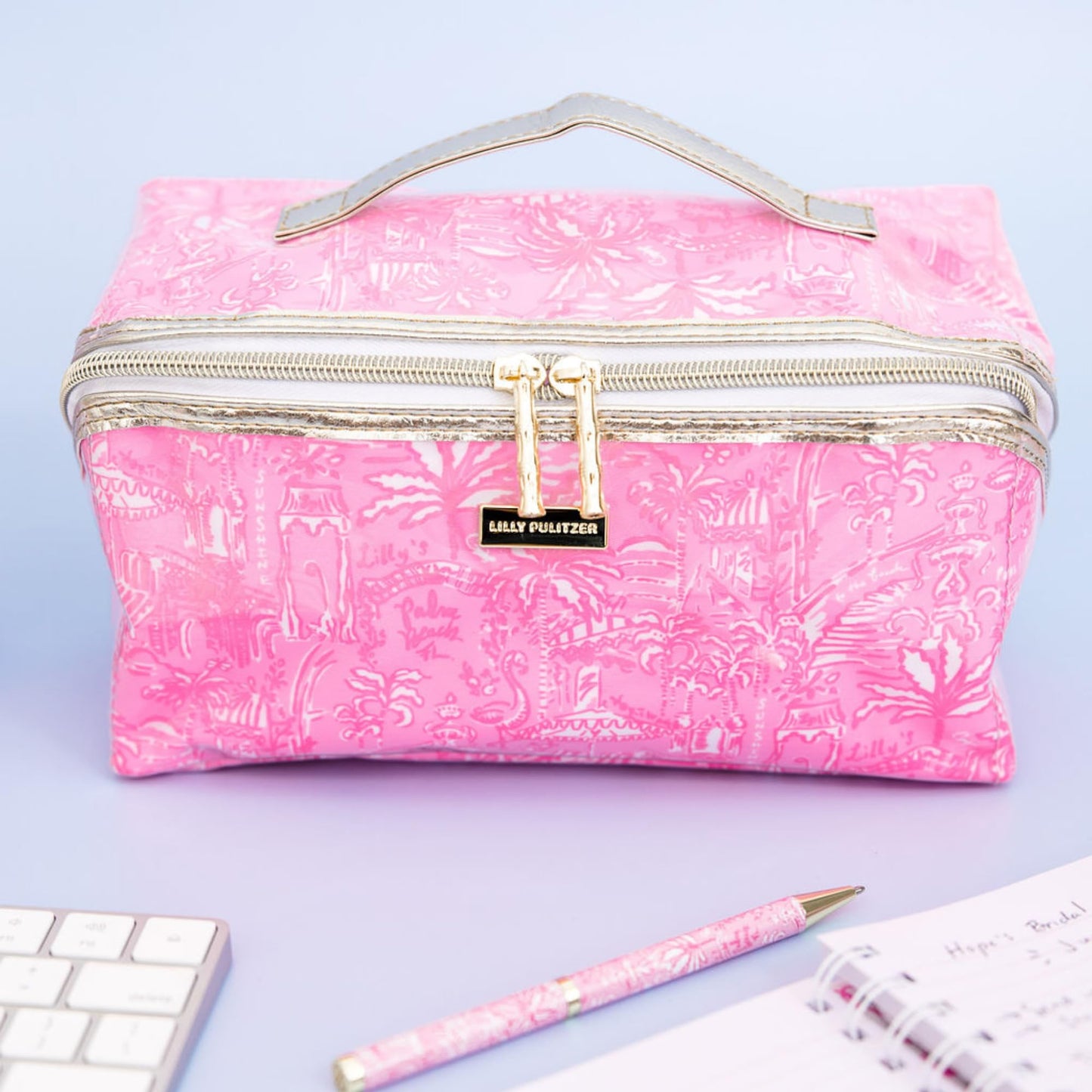 Lilly Pulitzer Travel Cosmetic Case, Lay Flat Zipper Carryall Pouch with Wipeable Lining (Palm Beach Playground)